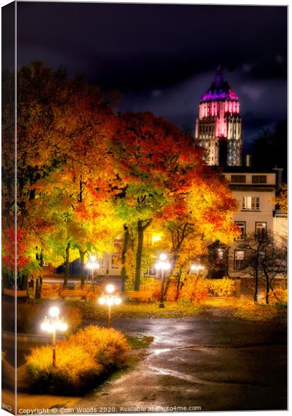The Price Building, Quebec City, at night in autumn. Canvas Print by Colin Woods