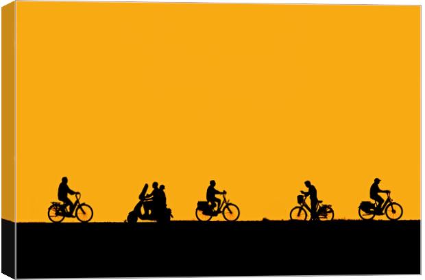 Cyclists and Scooter Silhouette Canvas Print by Arterra 