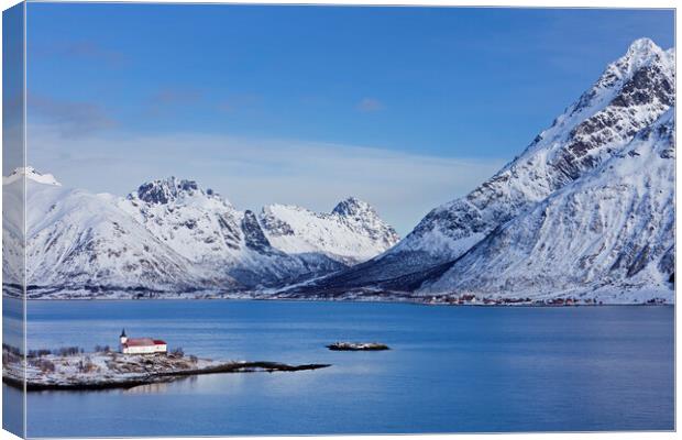 Sildpollnes Church along Austnesfjord in Winter, Lofoten Canvas Print by Arterra 