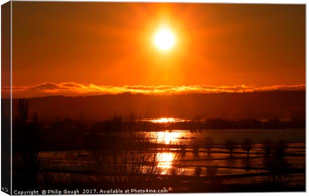 Sunset Over The Somerset Levels Floods Canvas Print by Philip Gough
