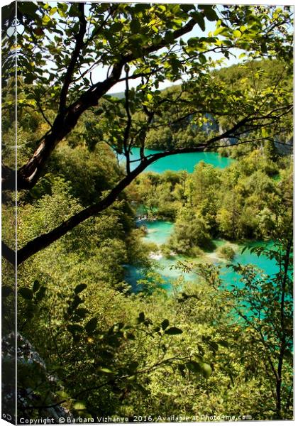 Beautiful view at a couple of lakes in Plitvice Na Canvas Print by Barbara Vizhanyo
