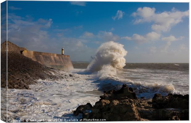 Large wave crashing into the pier at Porthcawl Canvas Print by michael Bryan