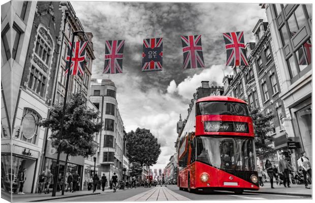 British bus and flags in Oxford Street, London Canvas Print by George Cairns