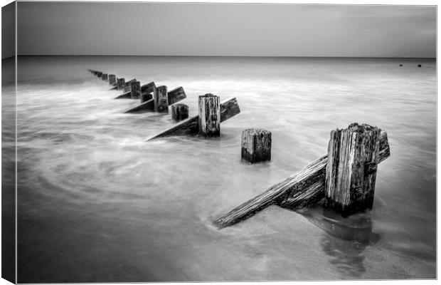 Groynes at Barmouth in Mono Canvas Print by Janette Hill