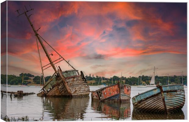 Nostalgic Sunset on Abandoned Boats Canvas Print by Kevin Snelling