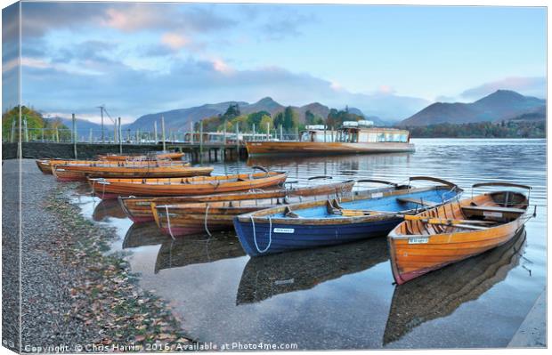 Derwentwater boats at sunrise, Lake District Canvas Print by Chris Harris