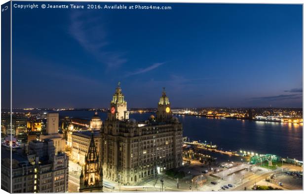 Liverpool liver building and River Mersey at night Canvas Print by Jeanette Teare