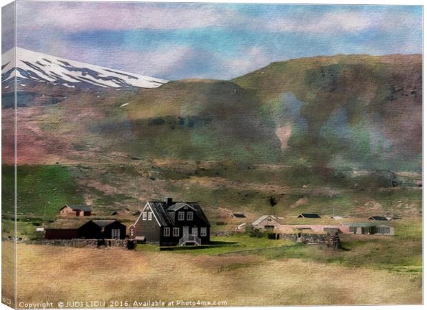 Icelandic house with watercolour treatment Canvas Print by JUDI LION