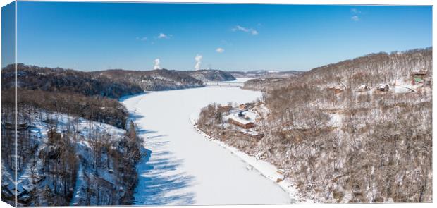 Aerial view down the frozen Cheat River in Morgantown, WV Canvas Print by Steve Heap