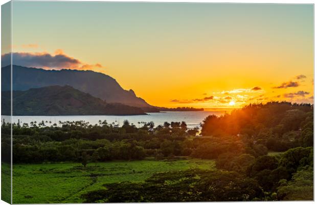 Sunset over Hanalei bay from overlook on the road Canvas Print by Steve Heap