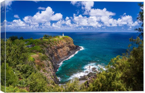 Kilauae lighthouse on headland against blue sky on Kauai Canvas Print by Steve Heap
