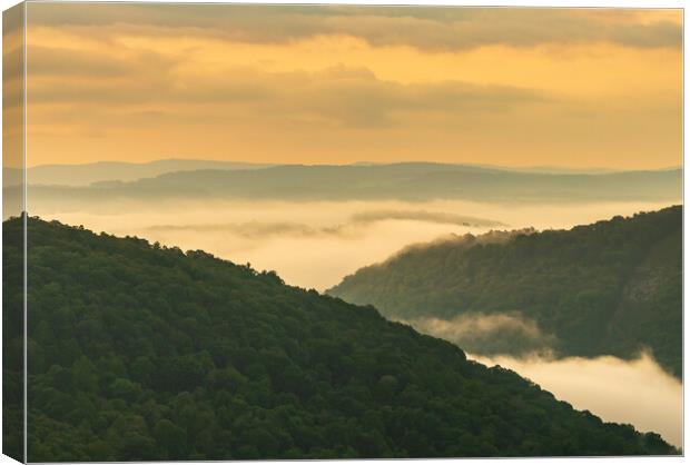 Mist swirling over Cheat River gorge at sunrise near Raven Rock Canvas Print by Steve Heap