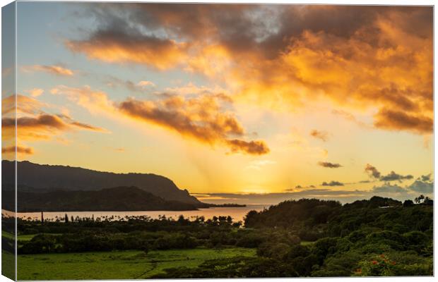 Sunset over Hanalei bay from overlook on the road Canvas Print by Steve Heap