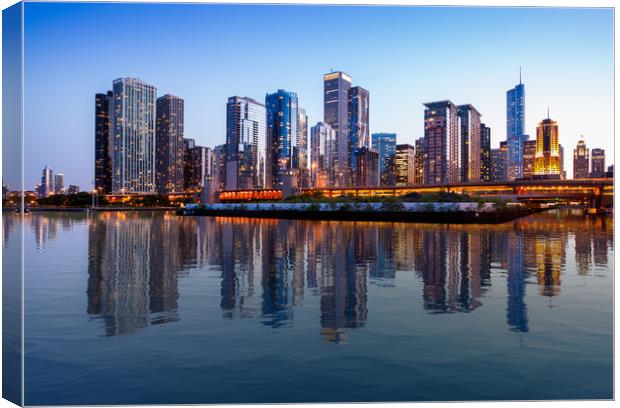 Chicago Skyline at sunset from Navy Pier Canvas Print by Steve Heap