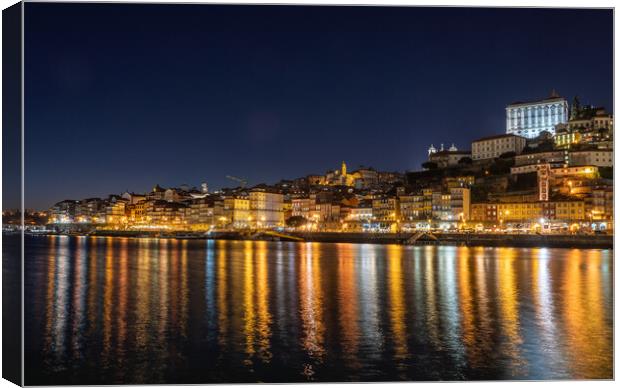 Night city skyline of Porto in Portugal Canvas Print by Steve Heap