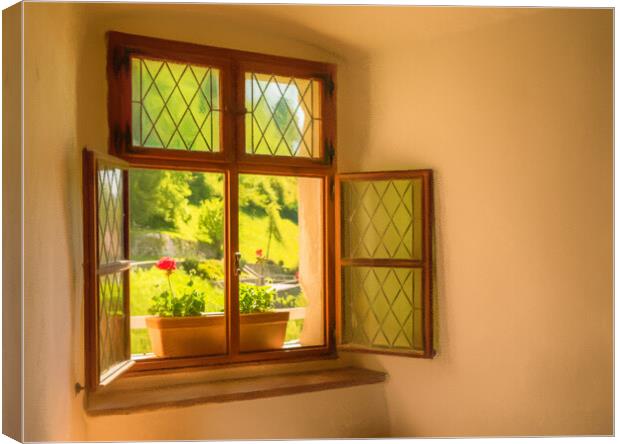 Window and seat in old castle in Slovenia Canvas Print by Steve Heap