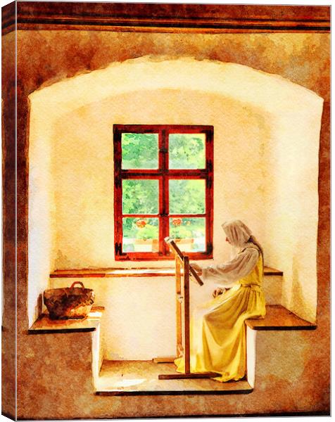 Water color of woman working on embroidery in window alcove Canvas Print by Steve Heap