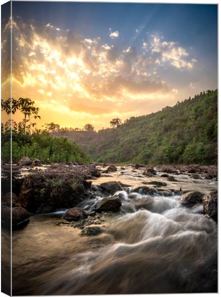 Sunset on River Sona Canvas Print by Indranil Bhattacharjee