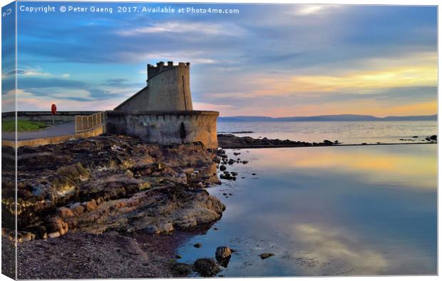 Sunset on Saltcoats Sea defence.  Canvas Print by Peter Gaeng