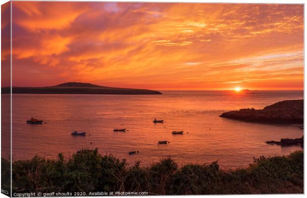 Sunset at St Justinians Canvas Print by geoff shoults
