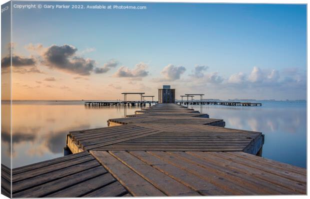 Sunrise over wooden jetty Canvas Print by Gary Parker
