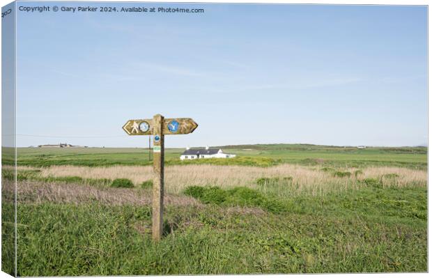 Wales Coastal path directional wooden sign. Location is Angelsey.  Canvas Print by Gary Parker