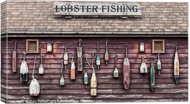 Floats on the outside wall of lobster fishing hut Canvas Print by Gary Parker