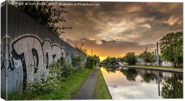 Urban, inner city canal, at sunset Canvas Print by Gary Parker