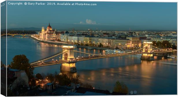City lights of the Danube and Budapest at sunset, Canvas Print by Gary Parker