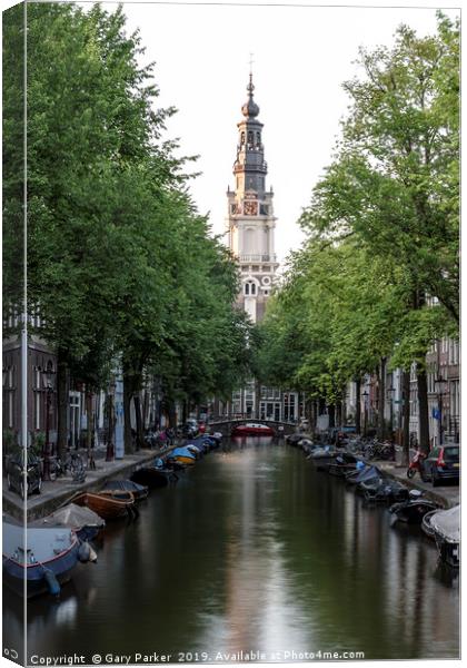 Amsterdam canal and Zuiderkerk Church Canvas Print by Gary Parker