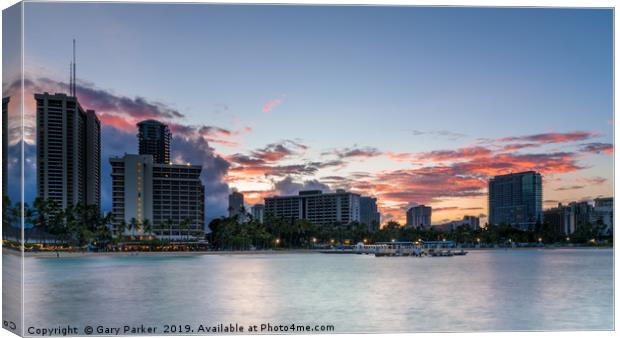 View of Waikiki beach skyline, at dawn in Summer Canvas Print by Gary Parker