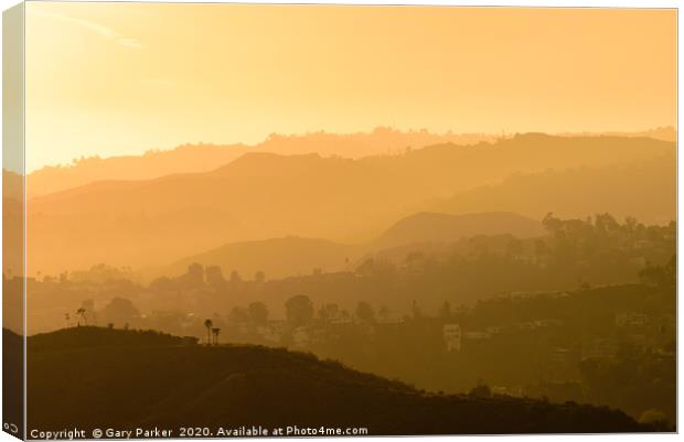 Sunset over the Hollywood Hills, Los Angeles.  Canvas Print by Gary Parker