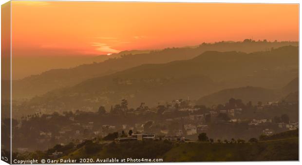 Sunset over the Hollywood Hills, Los Angeles.  Canvas Print by Gary Parker