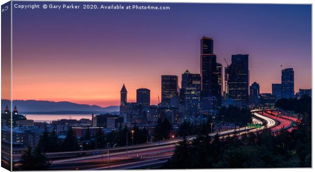 Seattle cityscape light trails Canvas Print by Gary Parker