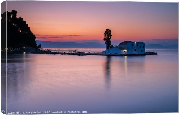 Vlacherna Monastery Corfu, Greece, at sunrise.	  Canvas Print by Gary Parker