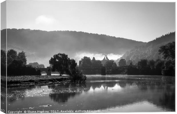 Tintern Abbey - Early morning mist.  Canvas Print by Shane Hopkins