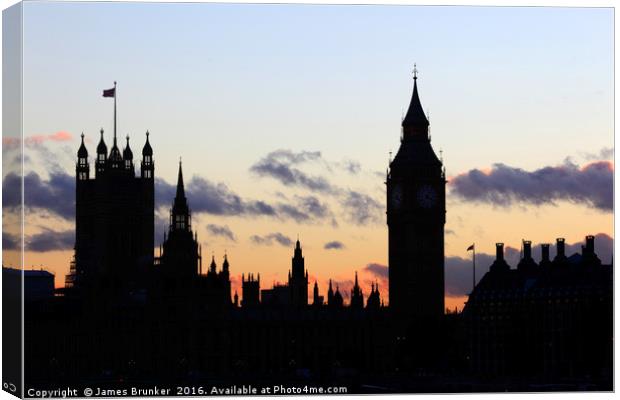 Towers of Houses of Parliament at sunset London Canvas Print by James Brunker