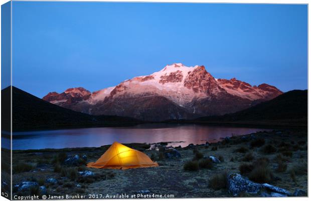 Dawn Camp by Lake and Mt Huayna Potosi Bolivia Canvas Print by James Brunker