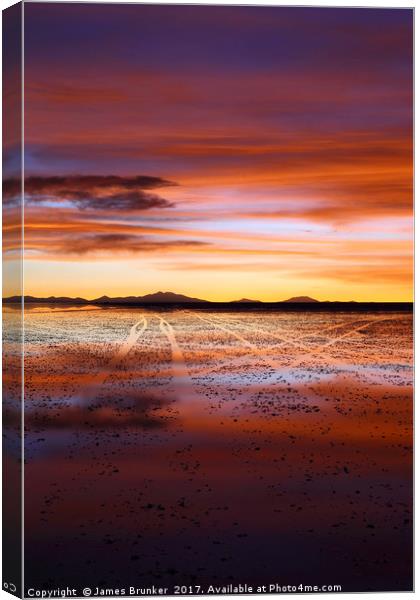 Sunset Journeys on the Salar de Uyuni Bolivia Vert Canvas Print by James Brunker