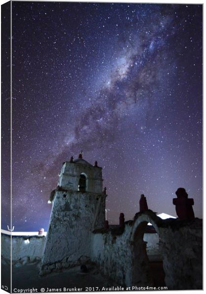 Milky Way and Parinacota Church Belfry Chile Canvas Print by James Brunker