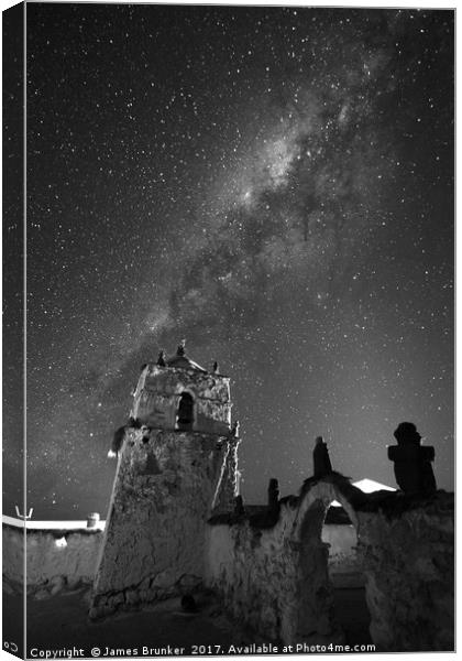 Milky Way and Parinacota Church Monochrome Chile Canvas Print by James Brunker