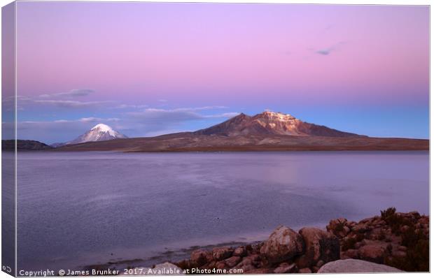 Sunset Over Lake Chungara and Sajama Volcano Chile Canvas Print by James Brunker