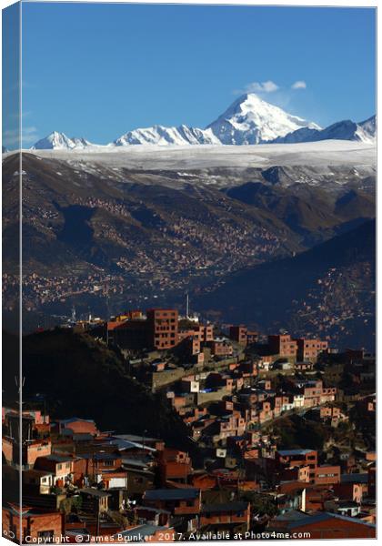 Vertical View of La Paz and Huayna Potosi Bolivia Canvas Print by James Brunker