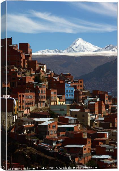 Suburbs of La Paz and Mt Huayna Potosi Bolivia Canvas Print by James Brunker