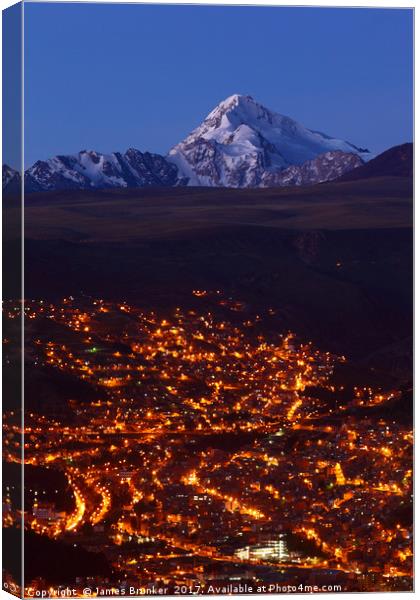 La Paz and Mt Huayna Potosi at Twilight Bolivia Canvas Print by James Brunker