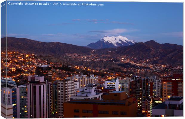 La Paz and Mt Illimani at Twilight Bolivia Canvas Print by James Brunker