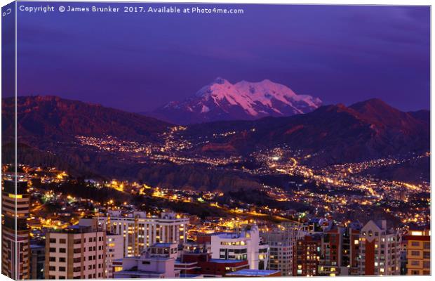 La Paz and Mt Illimani at Sunset Bolivia Canvas Print by James Brunker