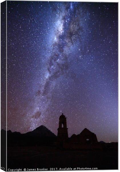 Milky Way Ruined Church and Sajama Volcano Bolivia Canvas Print by James Brunker
