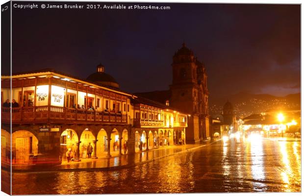 Plaza de Armas Square on a Rainy Night Cusco Peru Canvas Print by James Brunker