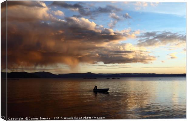 Dramatic Clouds and Fisherman on Lake Titicaca Canvas Print by James Brunker